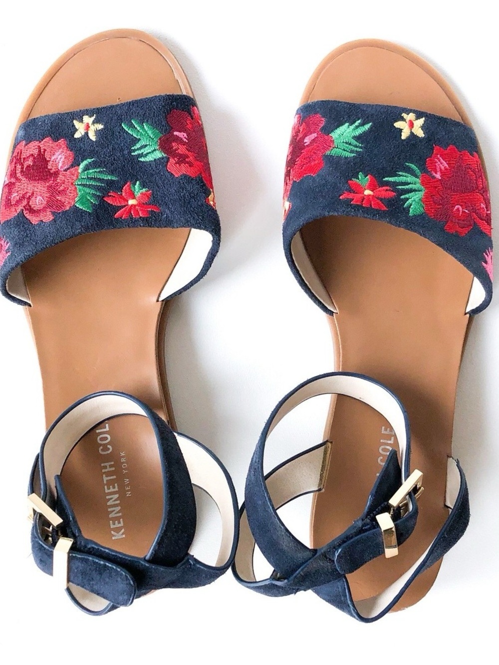 Kenneth Cole Navy Floral Embroidered Ankle-Strap Sandals